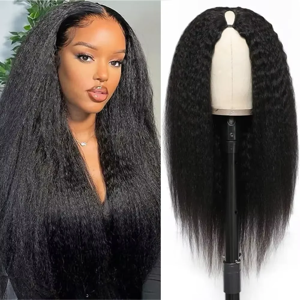 

Synthetic Natural Black Kinky Straight U Part Wig Yaki Straight Wigs for Women Daily Party Use