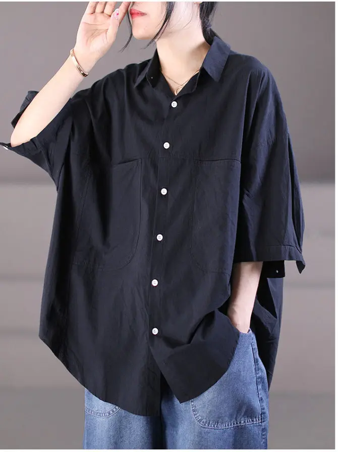 

plus Size Women's ort Sve irt Summer Casual Slimming White Loose Fit Collar Versatile Design Korean Sle Commute...