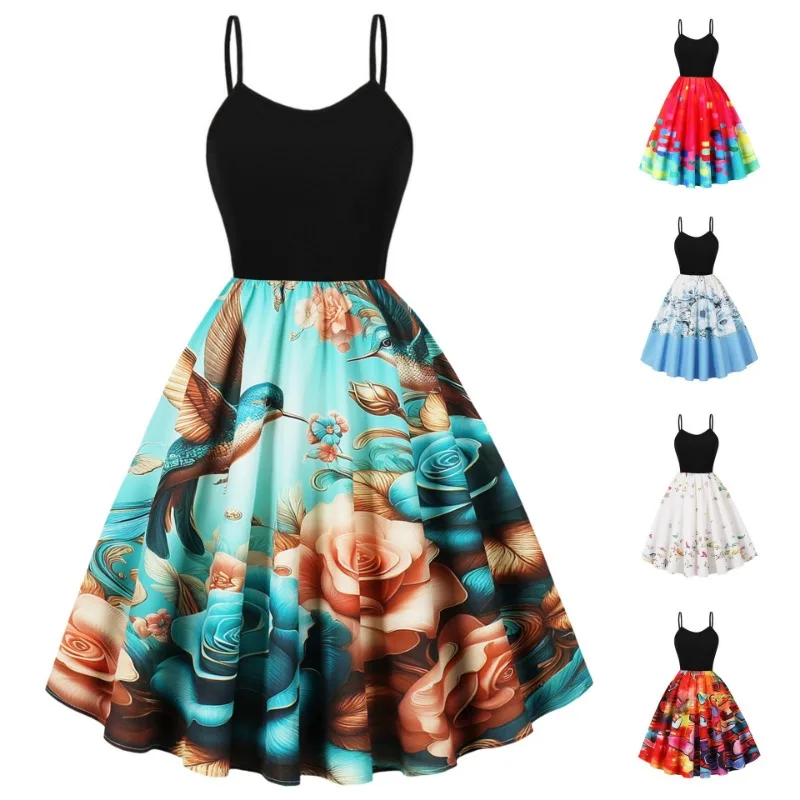 2025 جديد إمرأة فستان الهالوين ريترو طباعة كبيرة سوينغ عالية الخصر ألف خط فستان طويل أنثى بلا أكمام عارية الذراعين نادي فستان الحفلات