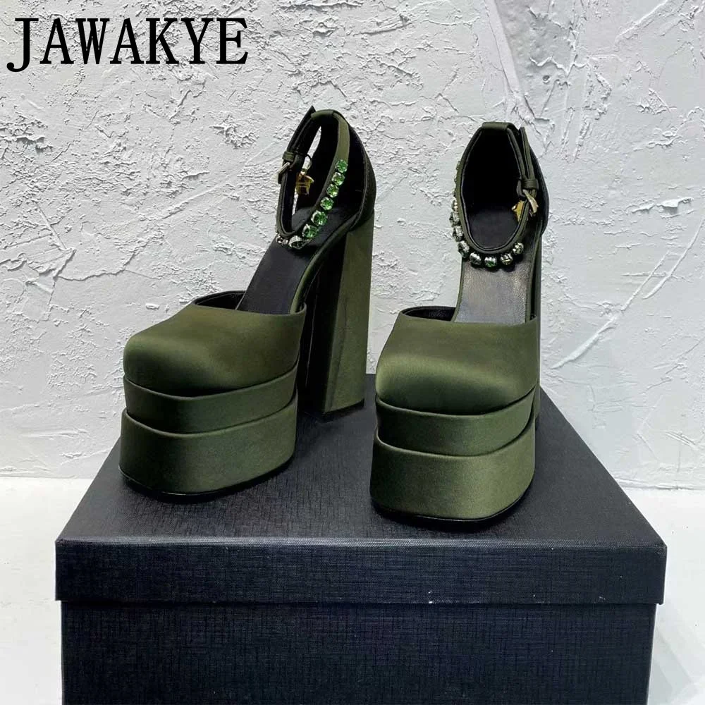 

High Quality Satin Women Super High Heels Square Toe Platform Ankle Strap Party Wedding Shoes 2022 Mary Jane Chunky Heel Shoes