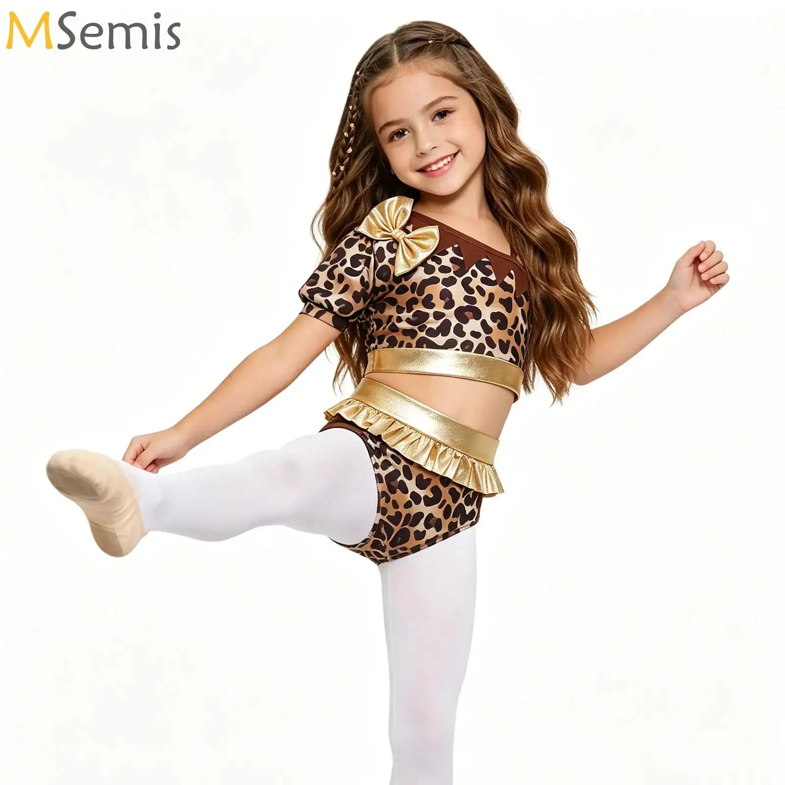 

Kids Girls Leopard Printed Gymnastics Ballet Dance Set Performance Costume Rhinestones Prehistoric Caveman Clothes Tops + Briefs