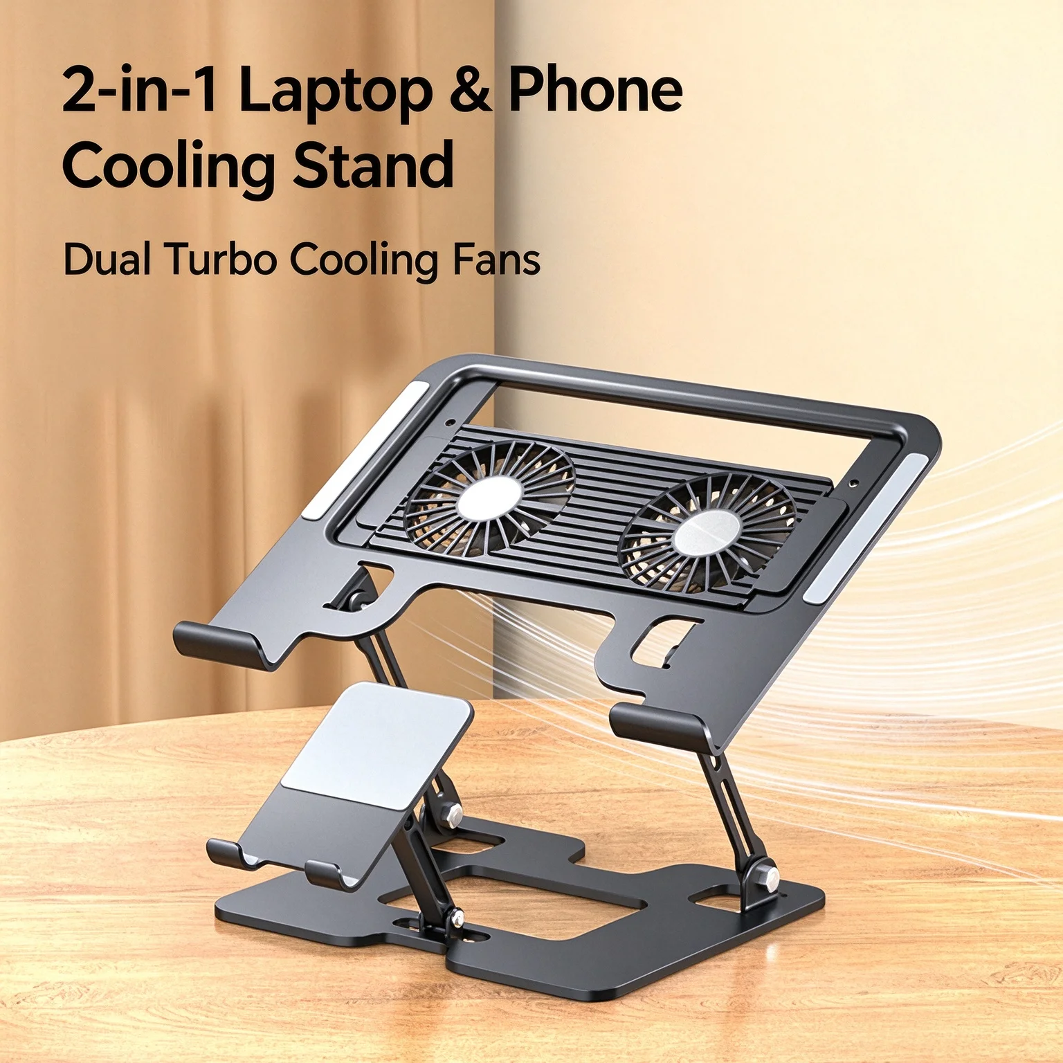 2 in 1 Laptop & Phone Cooling Stand with Dual Fans, Silent Notebook Riser Bracket, Air Cooling Holder for Gaming Laptop Heat Dis
