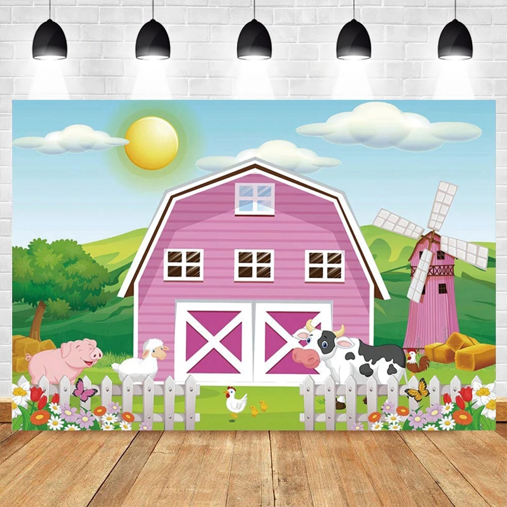 Cartoon Farm Red Barn Photo Background Rural Farm Animal Wooden Fence Baby Birthday Party Decor Photography Backdrop Props