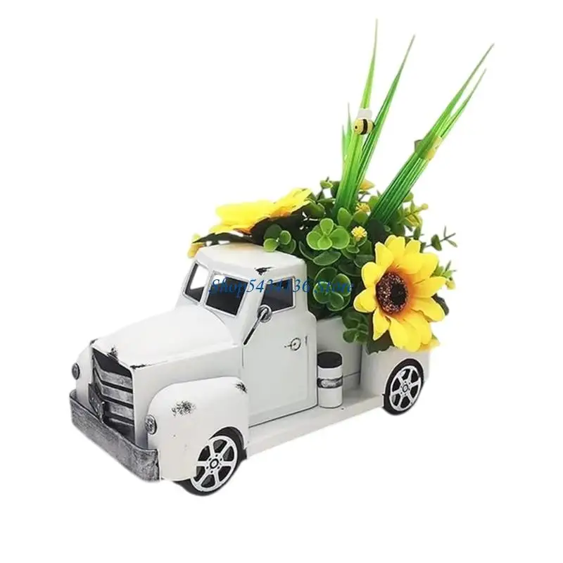 H7ED Vintage Truck Decors with Sunflowers Artificial Flowers Farmhouses Table Decors LED String Light Truck Decors for Home