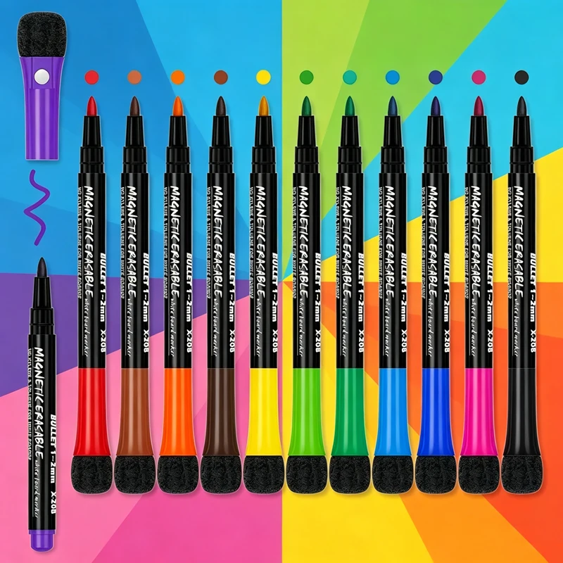 

12 Colors Band Magnetic Whiteboard Marker Children's Erasable Pen Eraser Student Drawing Pen Stationer White Board Marker Pen