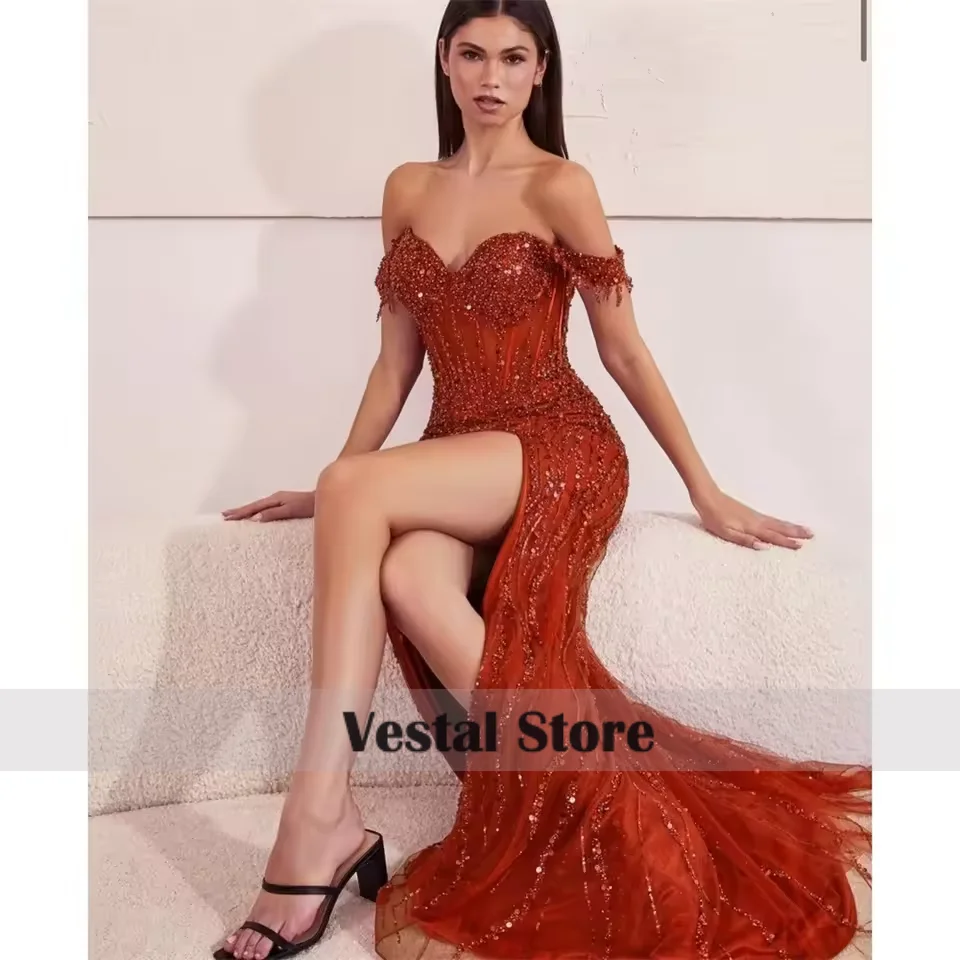 Vestal Beaded Evening Dress Sequins Mermaid Formal Gown with Detachable Train High Slit Vestidos De Noche Prom Dress Customized
