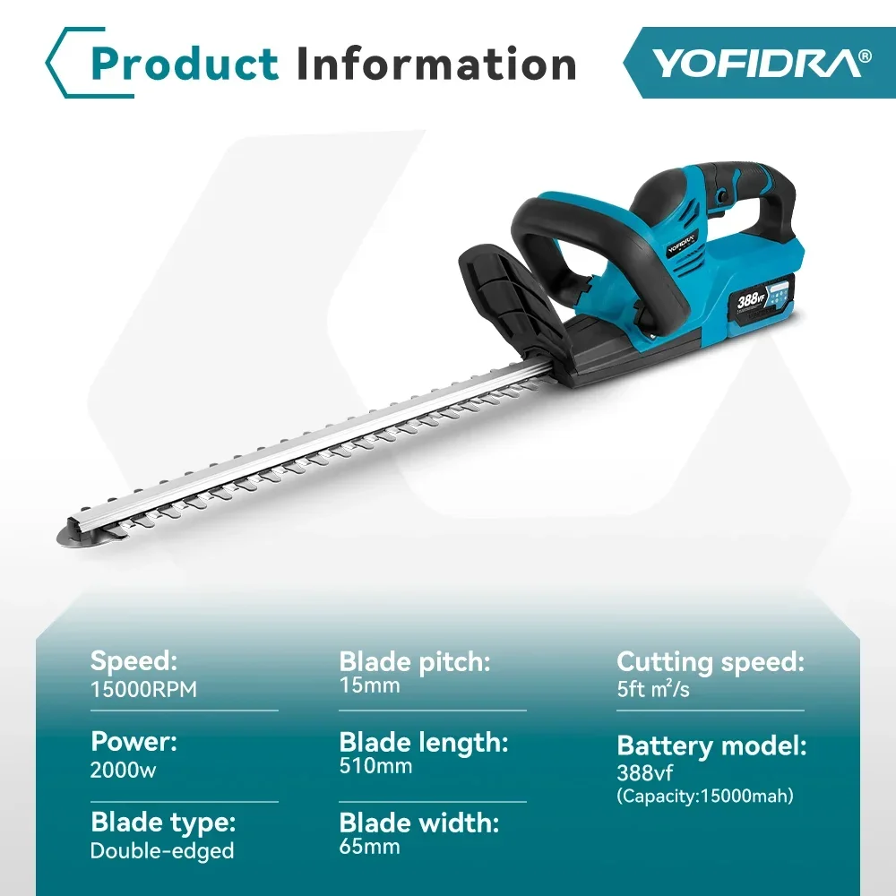 YOFIDRA 2000W Electric Hedge Trimmer 15000 RPM Lawn Mower Garden Landscaping Hedge Pruner Trimmer Tool For Makita 18V Battery