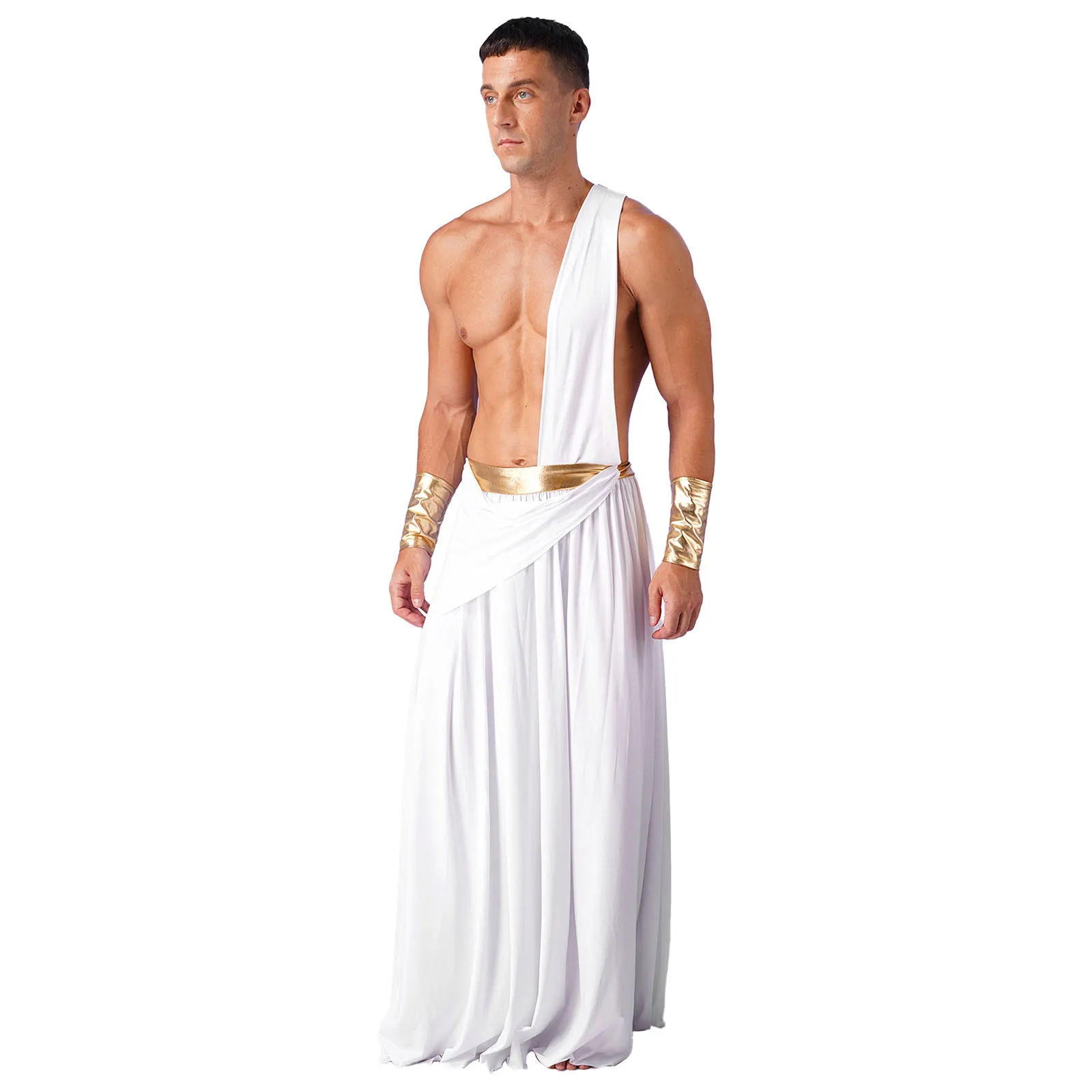 Mens Halloween Costumes One Shoulder Strap Roman Toga Ancient Greek Cosplay Long Skirt with Wristbands Greek Warrior Costumes