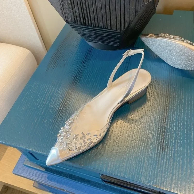 Zapato de novia para boda, calzado con punta estrecha y diamantes para mujer, zapatos de tacón alto transparentes con tacón fino y diamantes de imitación