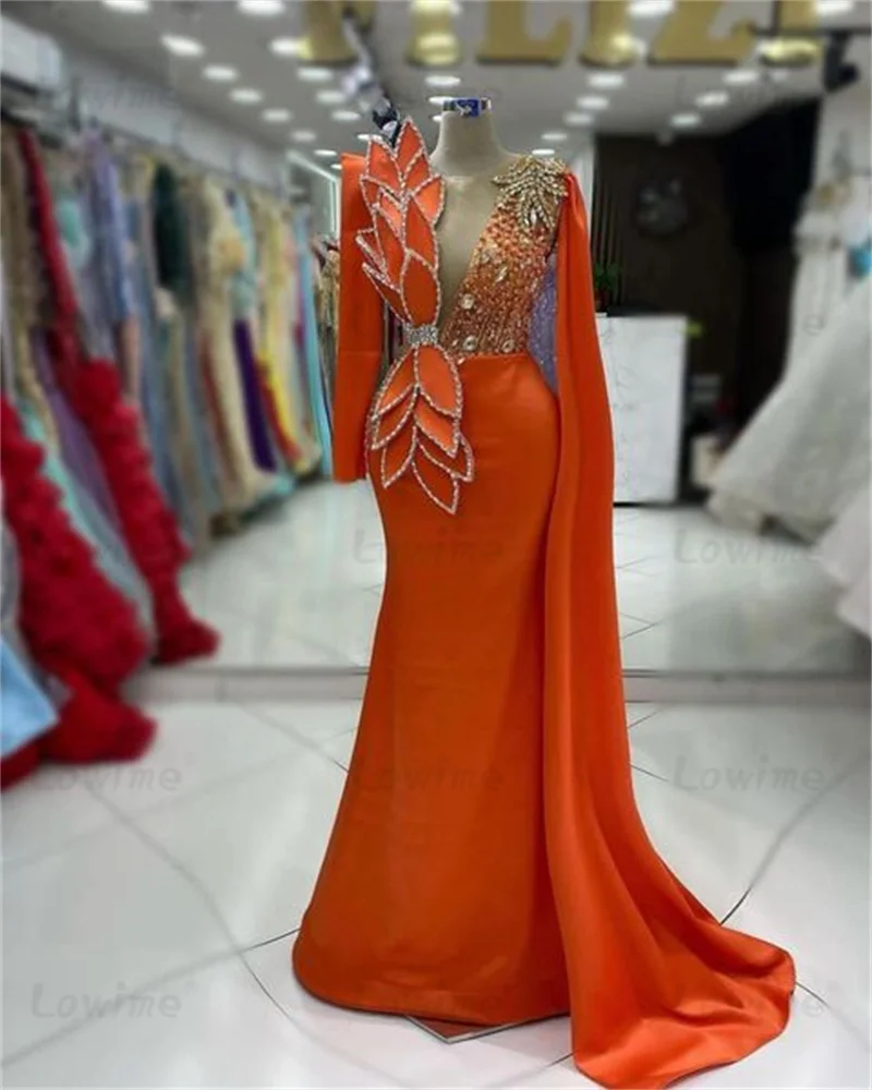 Elegant 3D Leaf Design Orange Mermaid Prom Dresses Customized Cape Sleeves Long Aso Ebi  Birthday Engagement Evening Party Dress