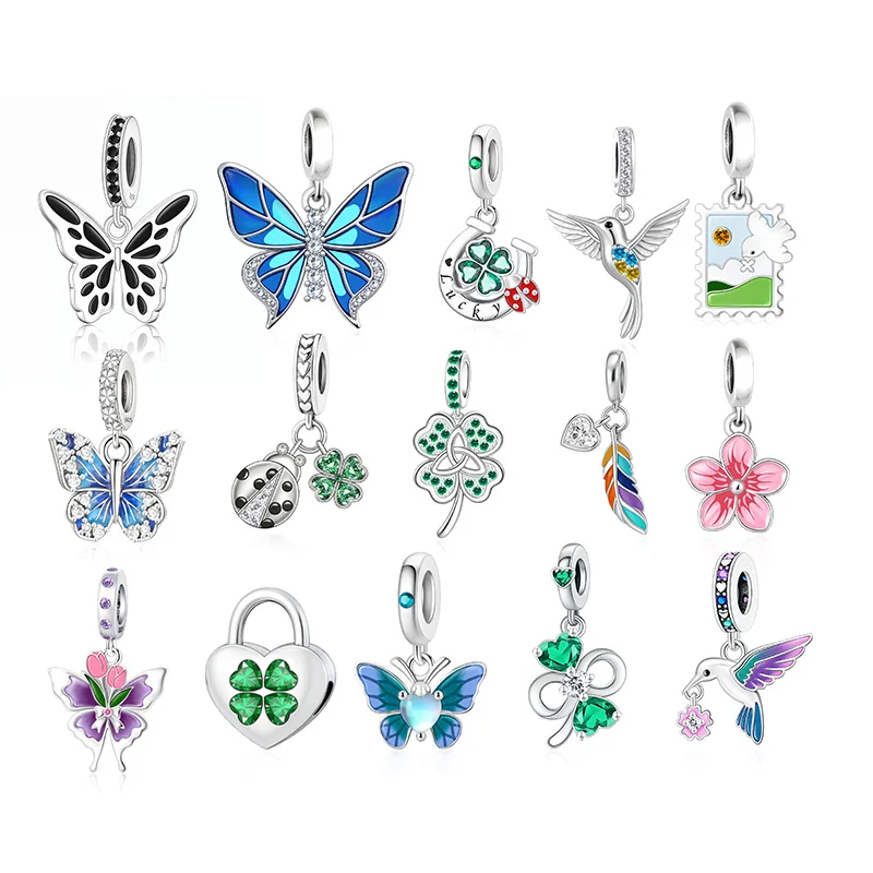 Huoonew Fit Original Pan Charm Bracelet 925 Sterling Silver Feather Butterfly Ladybug Pink Blooms Bead For Making Berloque DIY