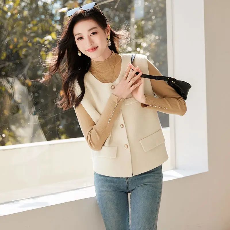 VICTORIA&VERA 2024 Autumn and Winter New Style Vest for Women O-neck Solid Color Basic Versatile Knitted Vest