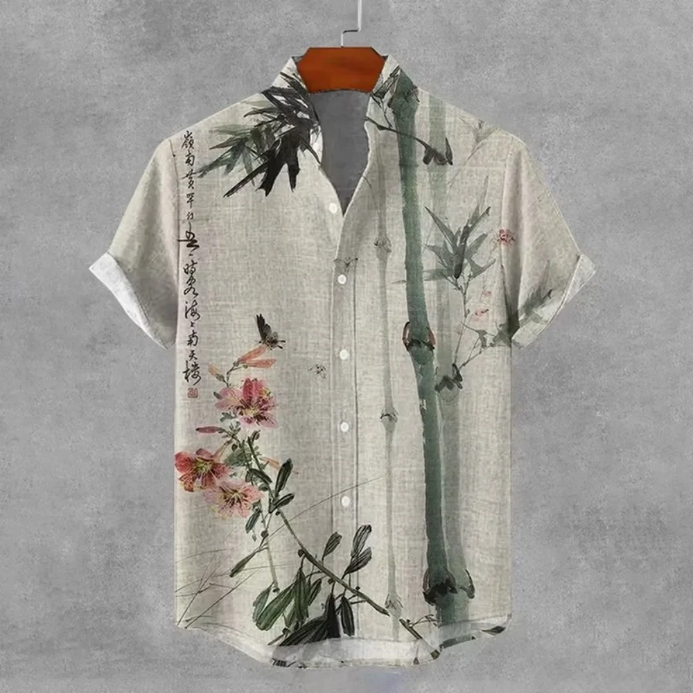 New black linen texture wave checkerboard pattern splicing print men's stand up collar short sleeved shirt