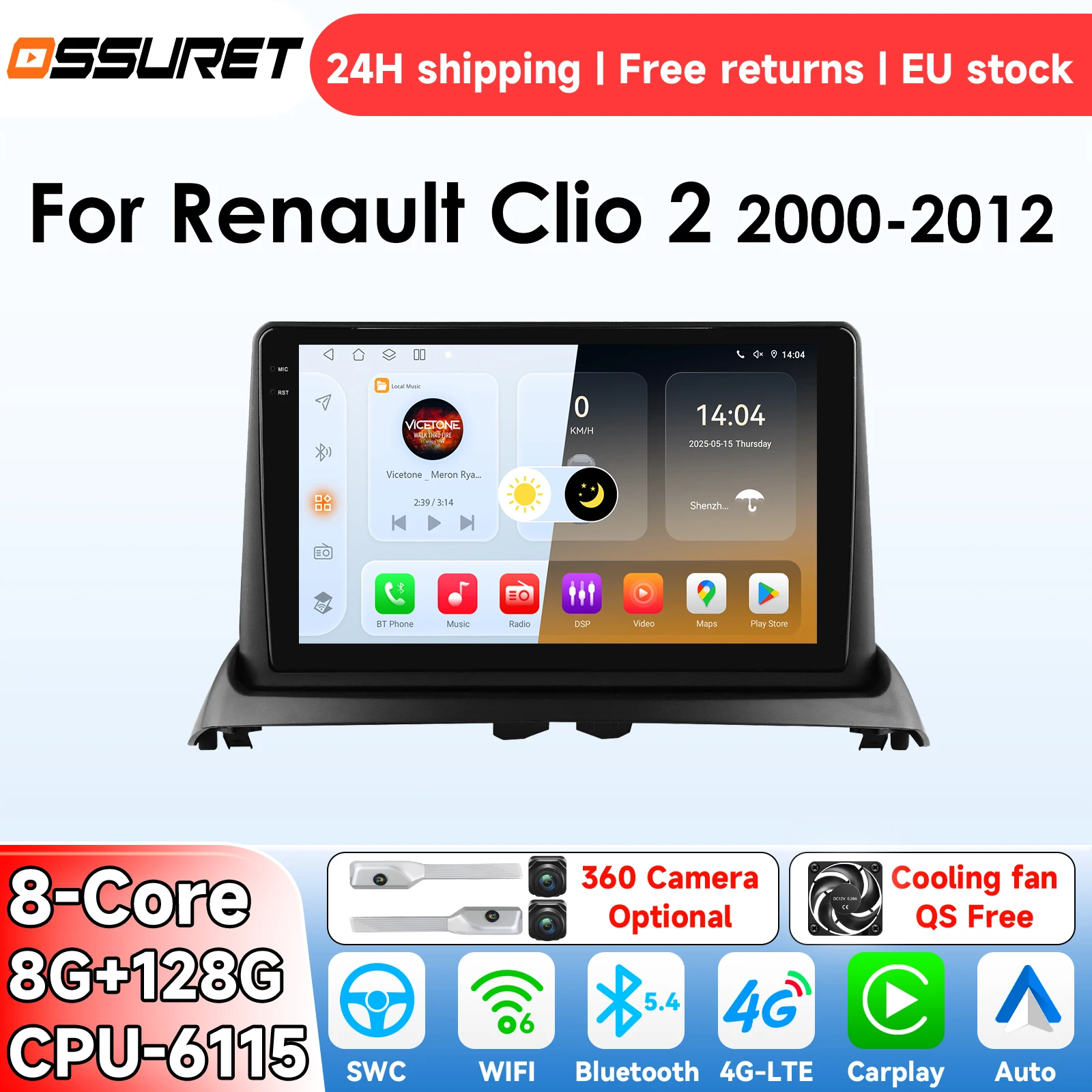 Autoradio OSSURET AI Android 14 pour Renault Clio 2 2000-2012, système CarPlay intelligent, lecteur multimédia vidéo, GPS 4G 6115