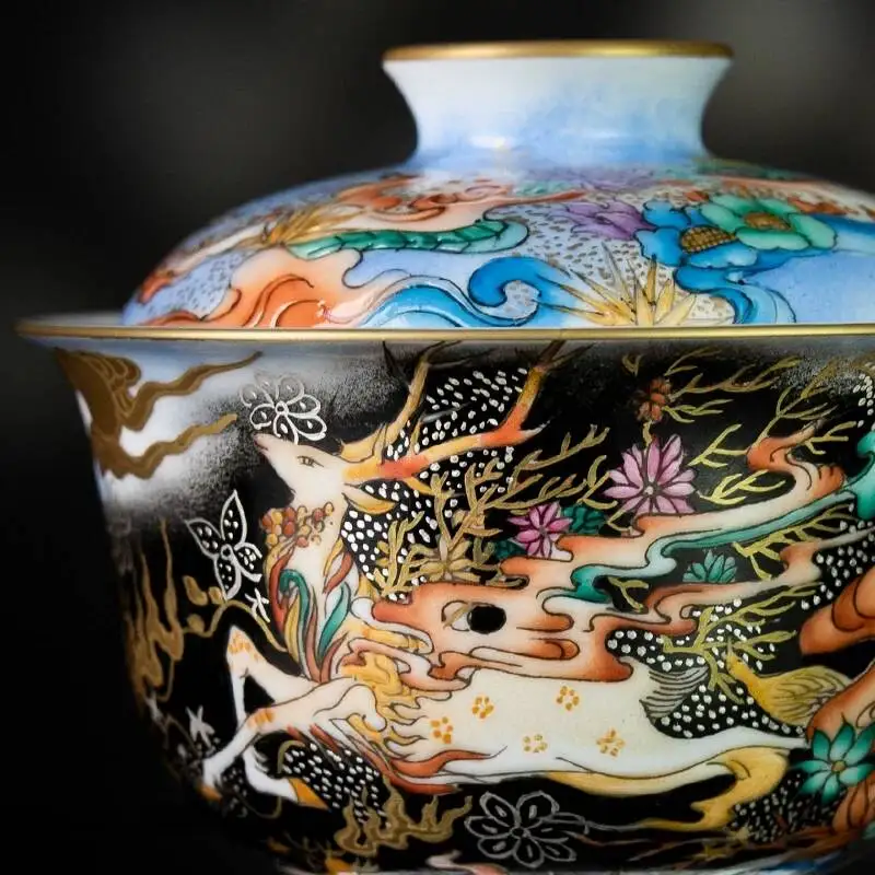Sacred Mountain Jingdezhen Hand-Painted Overglaze Colorful Series Nine-Color Deer Gold-Trimmed Gaiwan National Trend