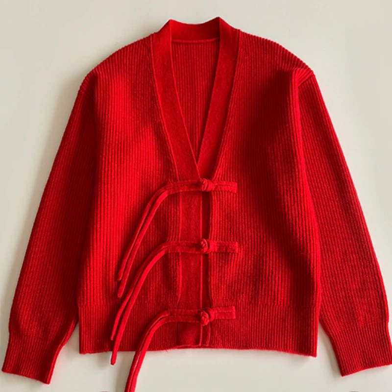 Red!! Chinese Style Buckle V-neck Knitted Cardigan with Elastic and Comfortable Fit, Soft Wool Sweater Jacket, 2024