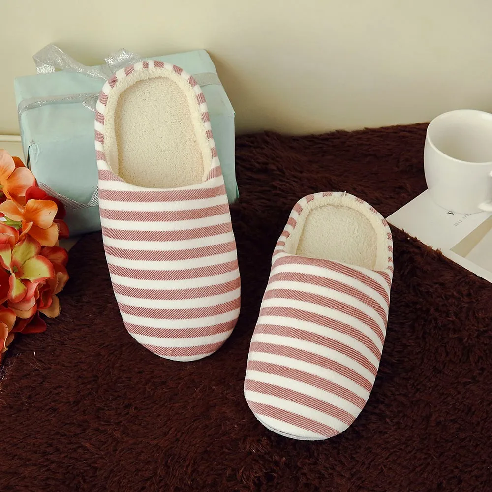 Non-Slip Slippers Warm Plush Unisex Comfort Home Floor Slipper Women House Shoes 2024 Soft Striped Indoor Mute Cotton Slippers