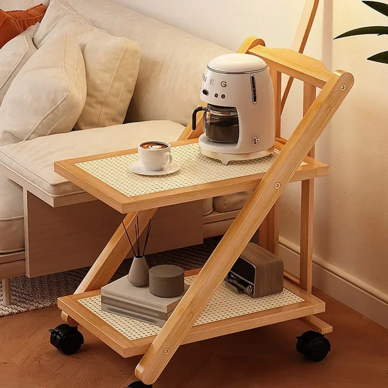 Faltbarer Nachttisch mit Rollen, 2-stöckiger Couchtisch, Sofa-Bücherregal, freistehender Schlafzimmer-Snackwagen