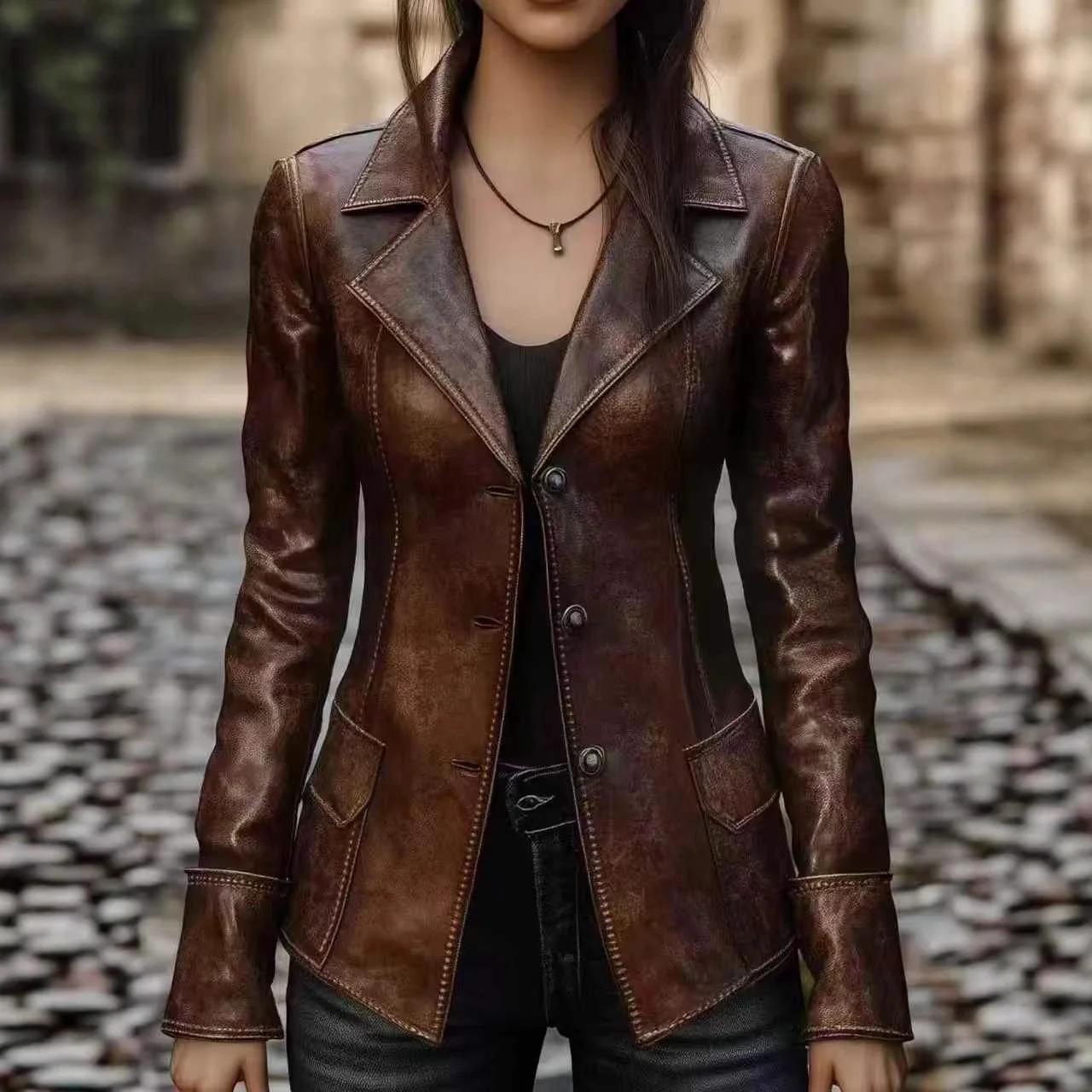 2025 Autumn New Style Women's Motorcycle Leather Jacket Coat Retro Cool Thick Cotton Long Sleeve High Quality Fashionable