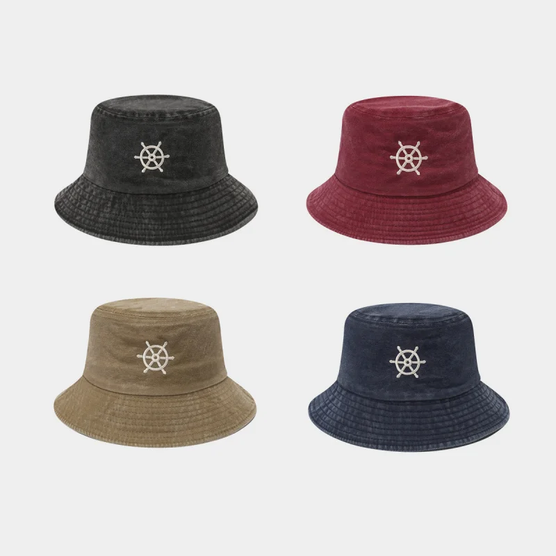 Nautical Ship Wheel Embroidered Bucket Hat, Washed Cotton Sun Cap, Casual Outdoor Fisherman Hat for Men Women