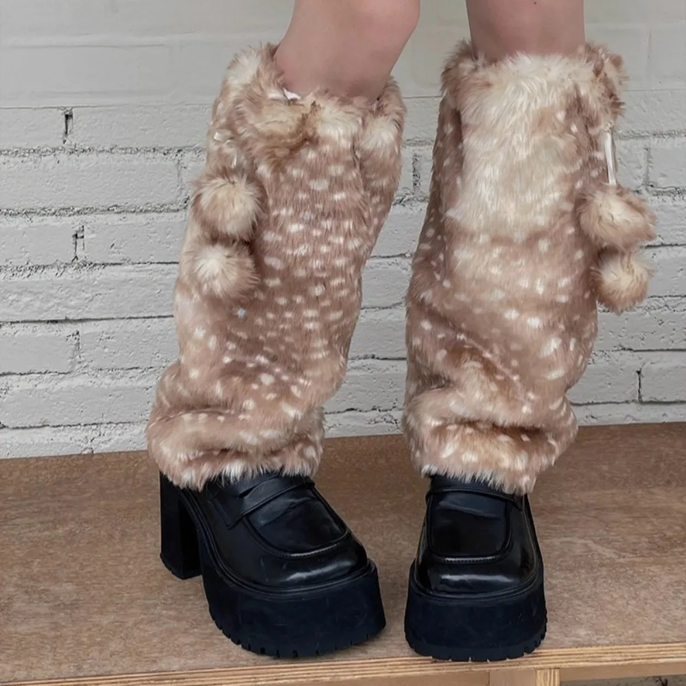

Kawaii Reindeer Faux Fur Leg Warmers Winter Furry Calf Socks for Cosplay Costume Self Insulated Fleece Lined Mid Calf Boot Cover