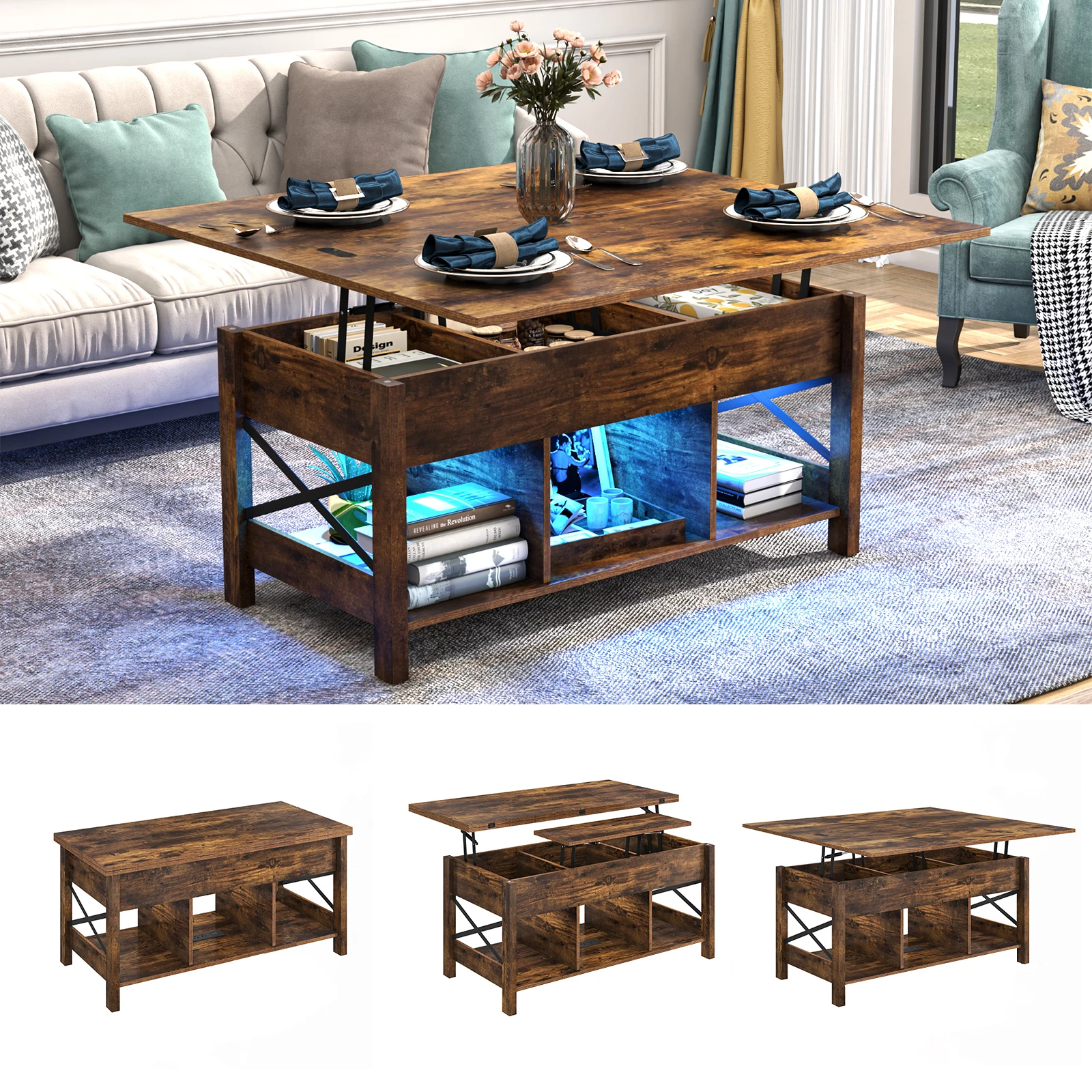 Multi-Functional lift top Coffee Table with Storage, living room rectangle center table with LED Lights & Charging Station