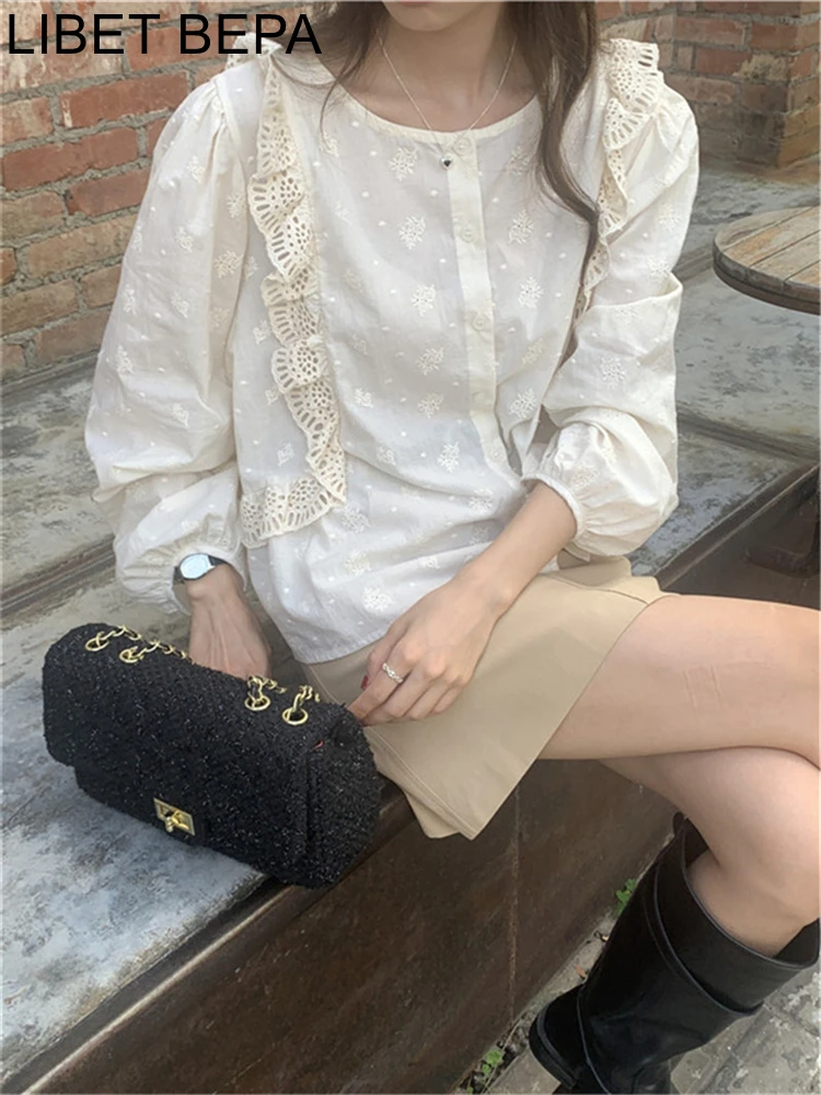 

BL10215 New 2024 Shirts Patchwork Lace Korean Fashion Ruffles Chic Wild Women Blouses Autumn Winter Elegant Lady Vintage Tops