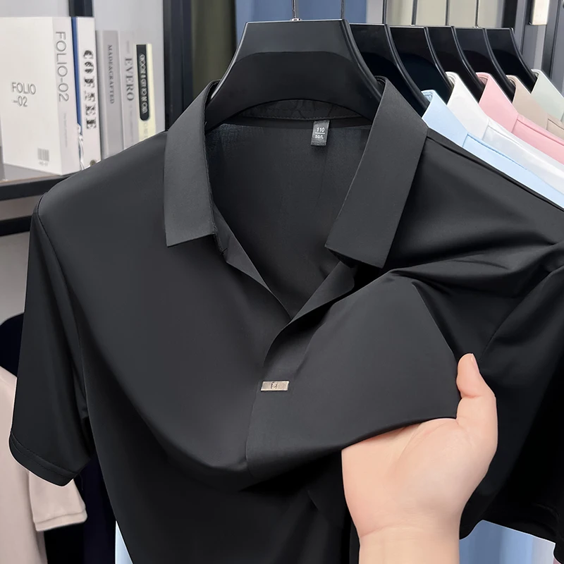 Herren Eisseide Hemd mit verdecktem Knopf, Reverskragen, Kurzarm, Slim Fit, weich, knitterfrei, atmungsaktiv, Sommer-Oberteil – Detail 8