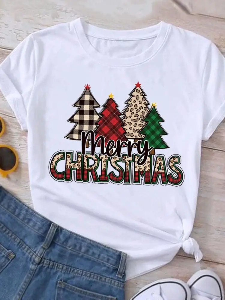 2026 leopardo carta árbol lindo Año nuevo estampado de moda ropa de vacaciones Feliz Navidad Top mujeres felices camisetas gráficas