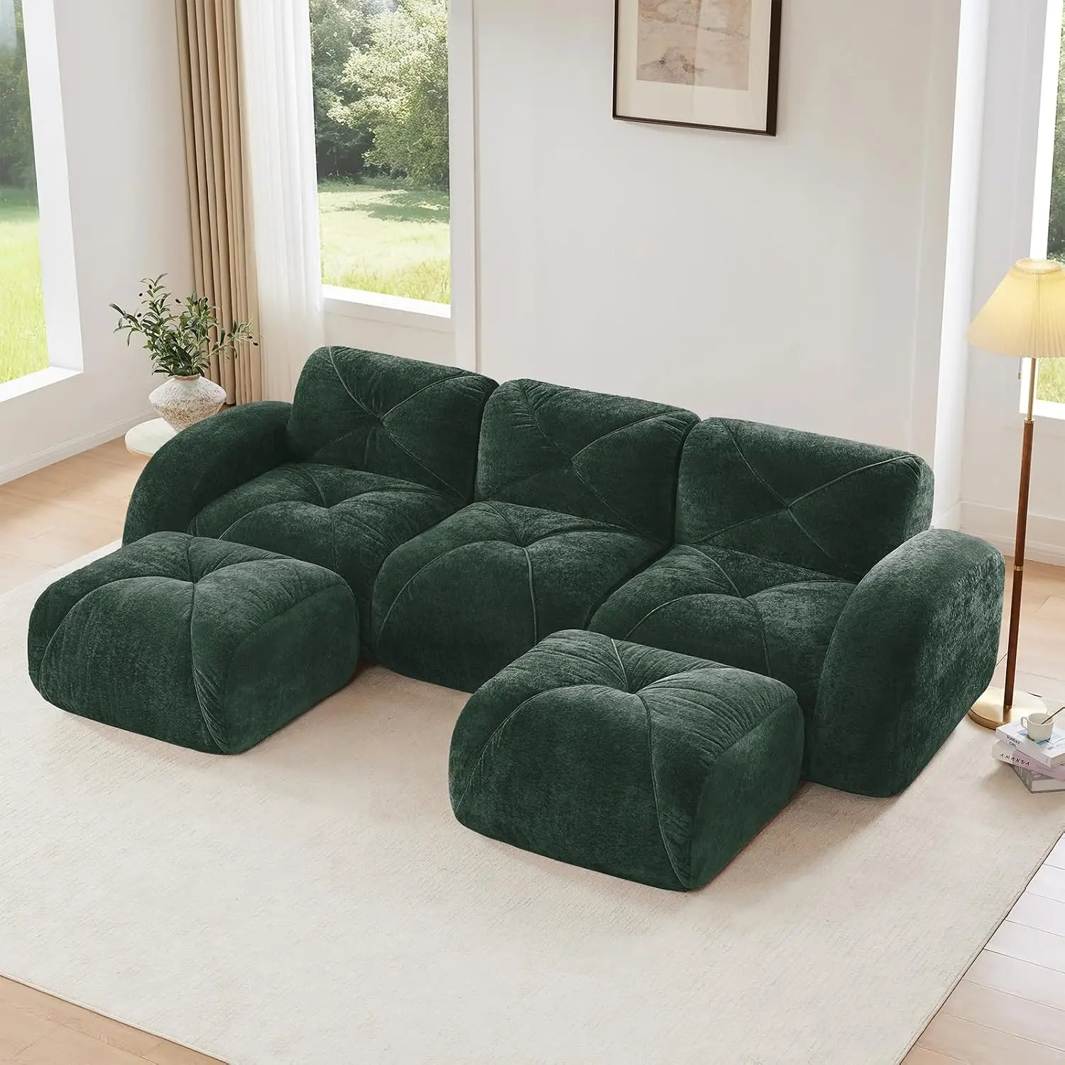 Green U-Shaped Sectional Sofa, Velvet Modular Cloud Couch with 2 Ottoman, Foam Compressed Set for Living Room, Customized