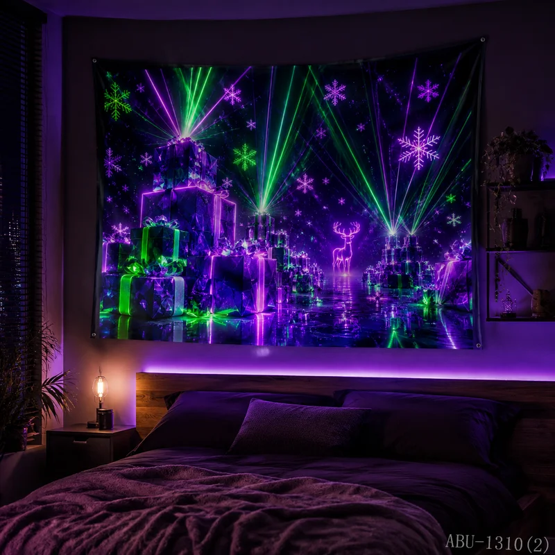 VIKAMA Aurora Snow Mountain Neon Gift Box Ice Crystal Snow Christmas Tapestry Background Hanging Cloth Living Room Decoration