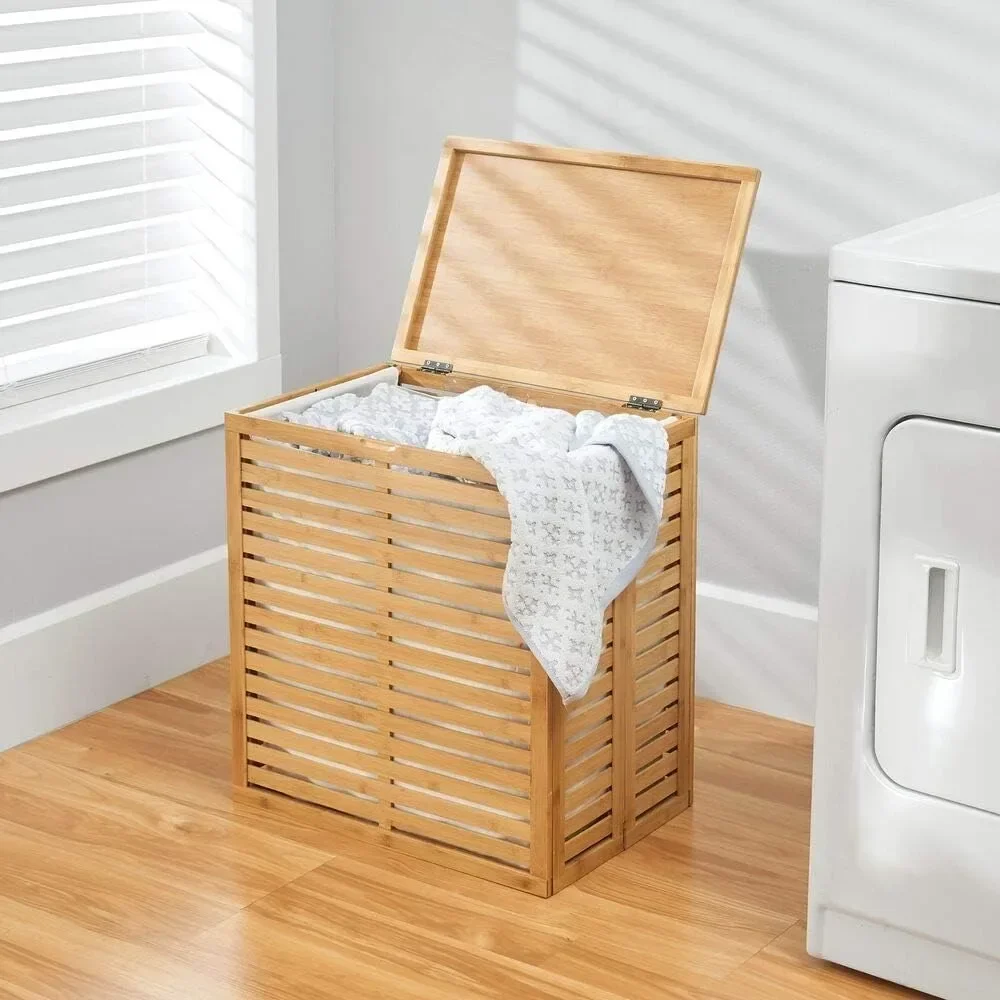 Bamboo Wood Foldable Laundry Basket Storage Organizer w/Removable Fabric Liner