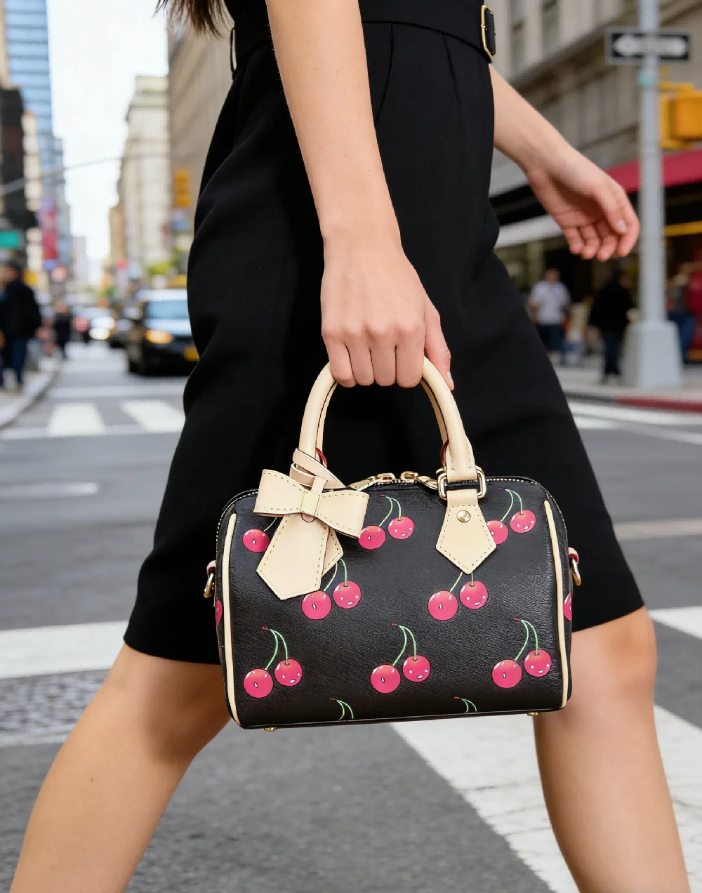 

Women's Black Cherry Print Shoulder Bag Fashion Cute Handbag Luxury Retro Crossbody Bag Versatile Daily Tote Bag