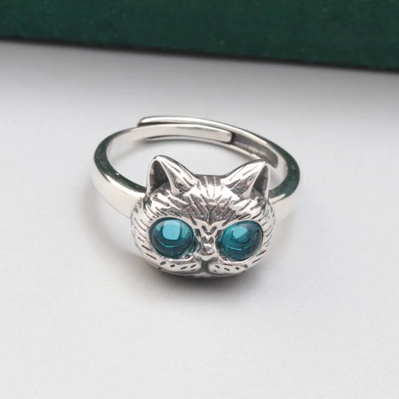 NEW 925 Pure Silver Cat Cute Three-dimensional Blue Eyed Cat Ring For Women Retro Fashion Simple Animal Design Jewelry