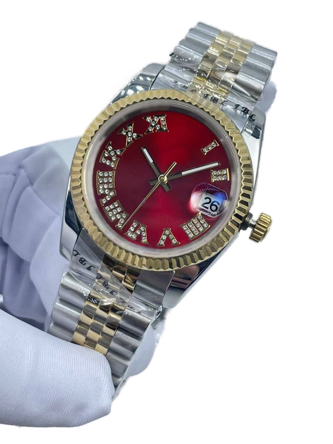 Women\'s 36mm Diamond Waterproof Watch with Calendar Window and Steel Bracelet