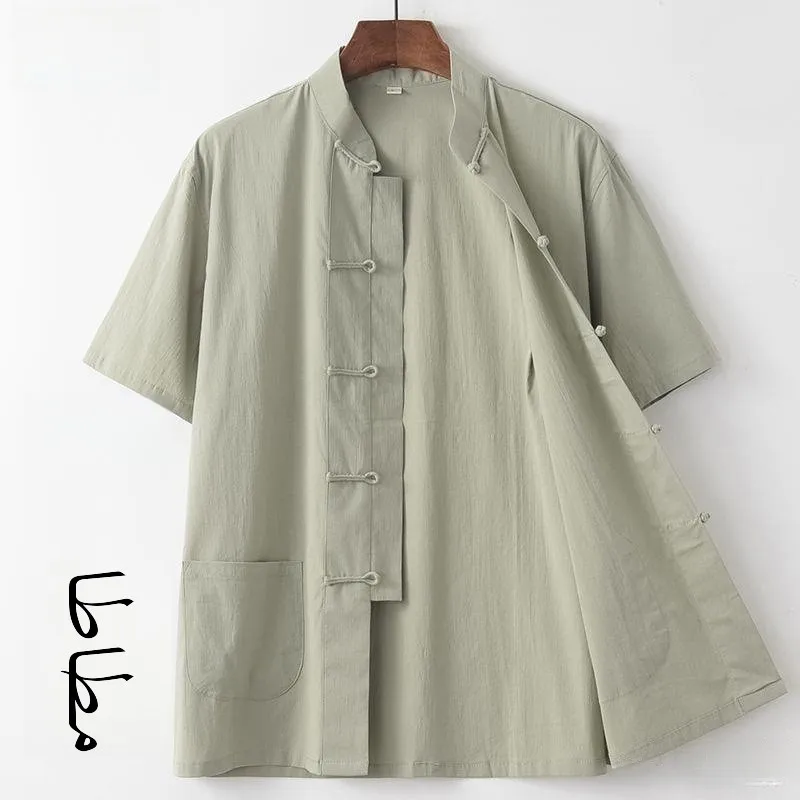 

Summer Lightweight Cotton Linen Casual ort Sve Elastic Chinese Sle irt Men's Youth Loose Fit Tea Service orm