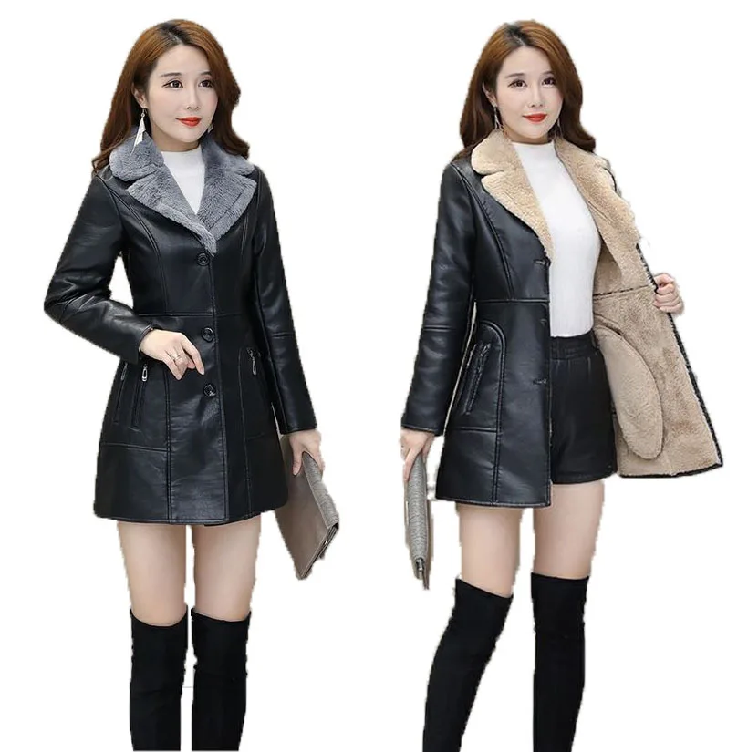 VOLALO mid length leather jacket with slim fit and warm insulation, plush and thick plush women's fur collar jacket and jacket