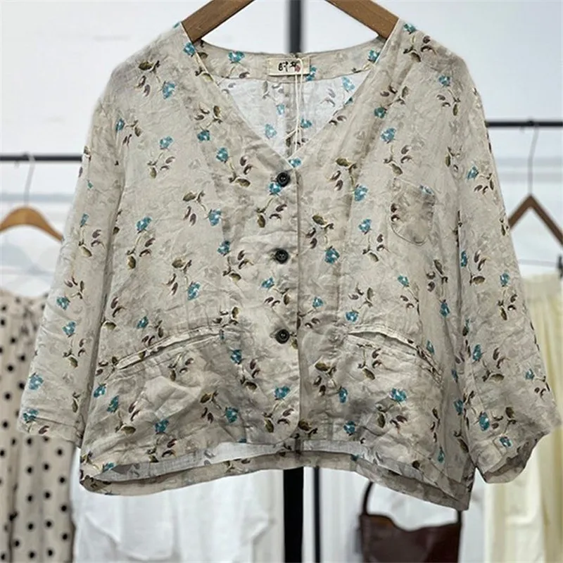 Limiguyue Vintage Floral Printed Blouse Spring Autumn Single Breasted Long Sleeve Ramie Shirts Loose V-neck Thin Women Tops 024P