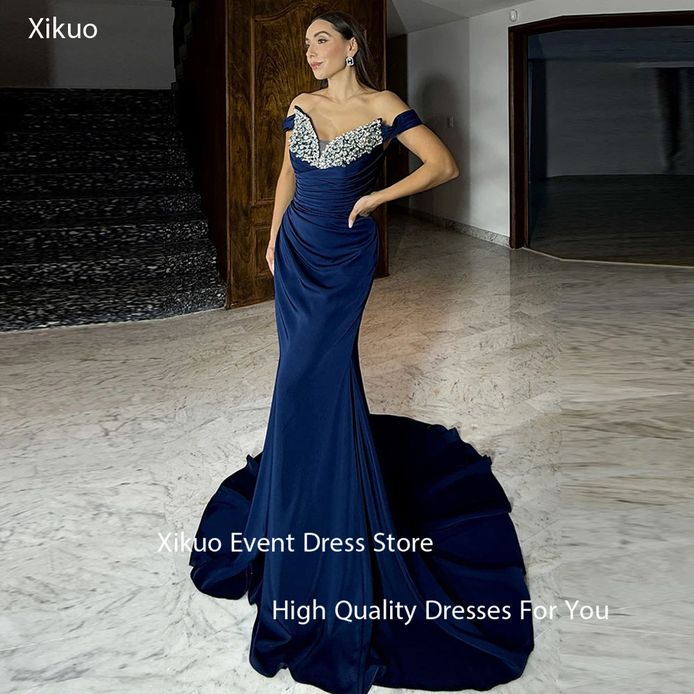 

Xikuo Elegant Navy Blue Satin Evening Gown Mermaid Crystal Party Prom Gown Off The Shoulder Cocktail Robe De Soirée Customized