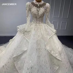Jancember Factory Wholesale Promotion Wedding Suits For Women Floor-Length Full Sleeves Pearls Chapel Train Lace Up MN26