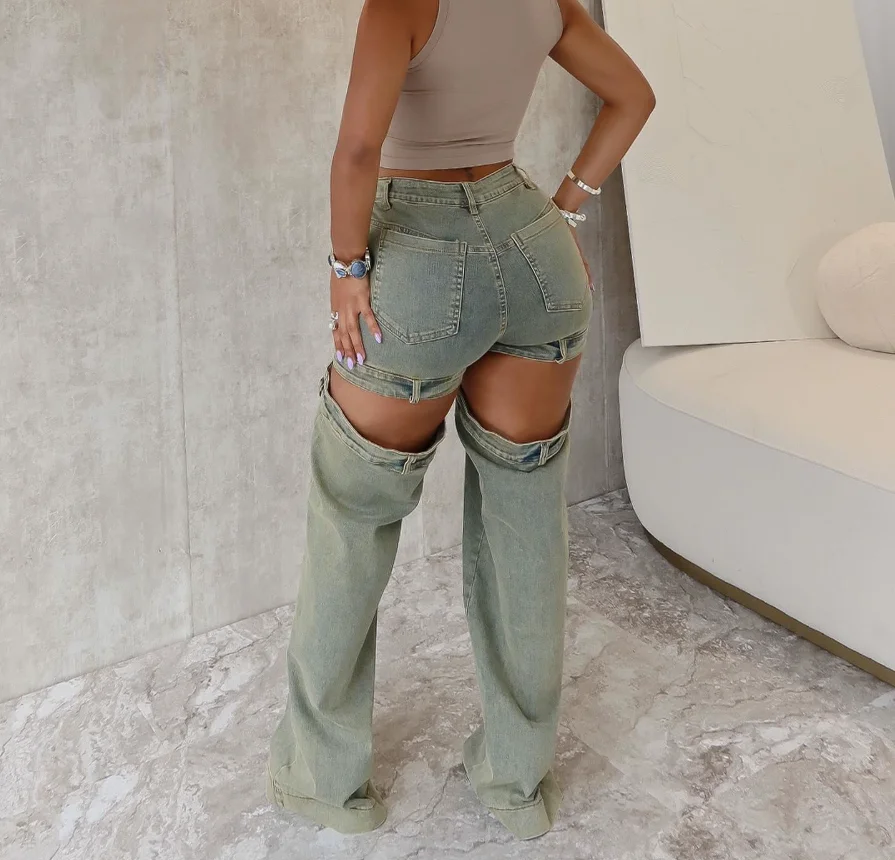 Women's High Street Fashion Retro Washed Hollow Out Jeans Personalized New Female Vintage Show Legs Sexy Nightclub Denim Pants
