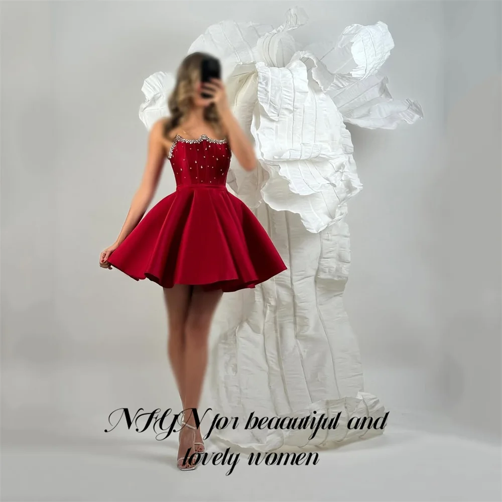 

NFYN Red Evening Dress Sleeveless Prom Dresses Strapless Mini Party Formal Gown with Crystal robe de bal for Woman Customized