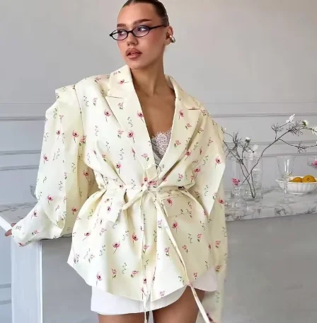 Chic Oversize Floral Printed Women Jacket Padded Lapel Lace Up Loose Coat Long Sleeve High Waist Outwears 2026 Lady Streetwear