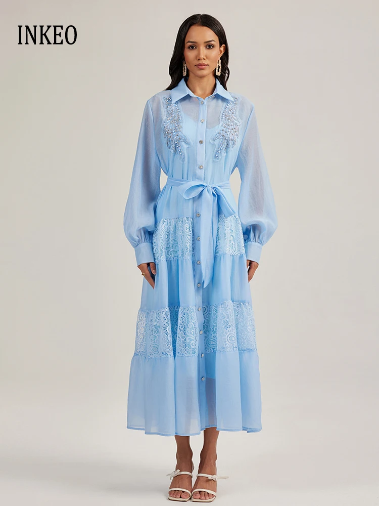 

Роскошное кружевное лоскутное длинное платье-рубашка для женщин, новинка 2025, синие элегантные длинные платья X с бисером и поясом, прозрачные 5D165