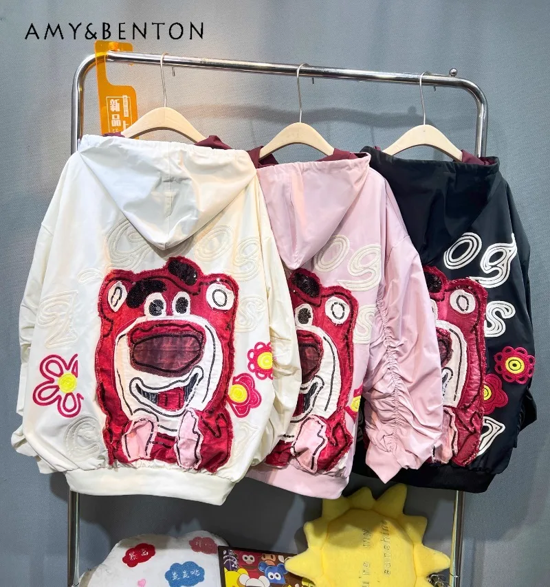 

European Style Fashion Brand Heavy Industry Embroidery Cartoon Hooded Jaquetas Women's Autumn New Loose Casual Sweet Jacket Coat