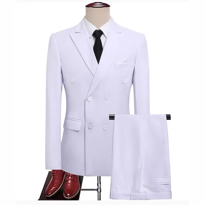 

Men's White Double Breasted Suit 2 Piece Slim Fit Formal Blazer and Pants Set for Wedding Business