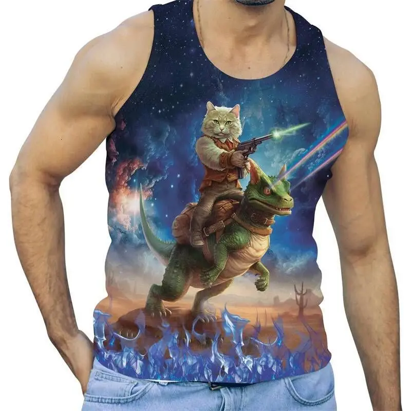 Alien Cat Tank Tops Cartoon Animal 3D Print Men's Women Oversized Fitness Gym Vest Harajuku Sleeveless T Shirt Top Men Clothing