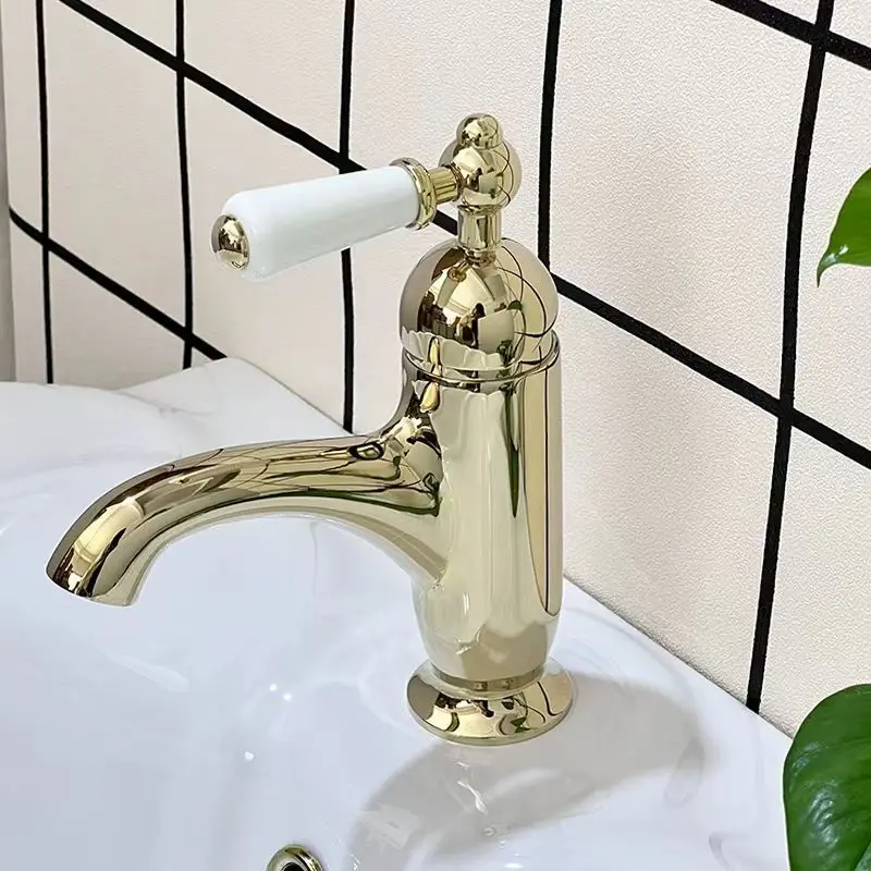 

French Style All Copper Retro Faucet with Ceramic Handle for Washbasin Countertop Basin Vintage Kitchen Sink Faucet