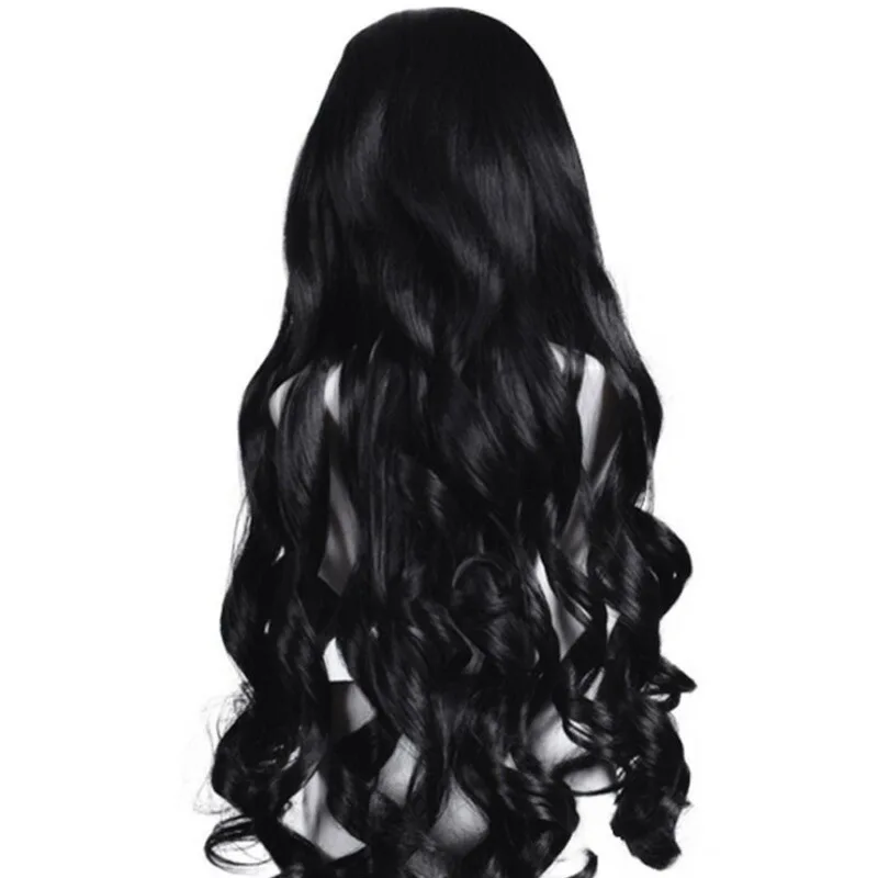 المرأة منتصف جزء ارتفاع درجة الحرارة الحرير موجة كبيرة أسود طويل مجعد الشعر المدرفلة باليد النمط الطبيعي ارتفاع درجة الحرارة شعر مستعار الحرير