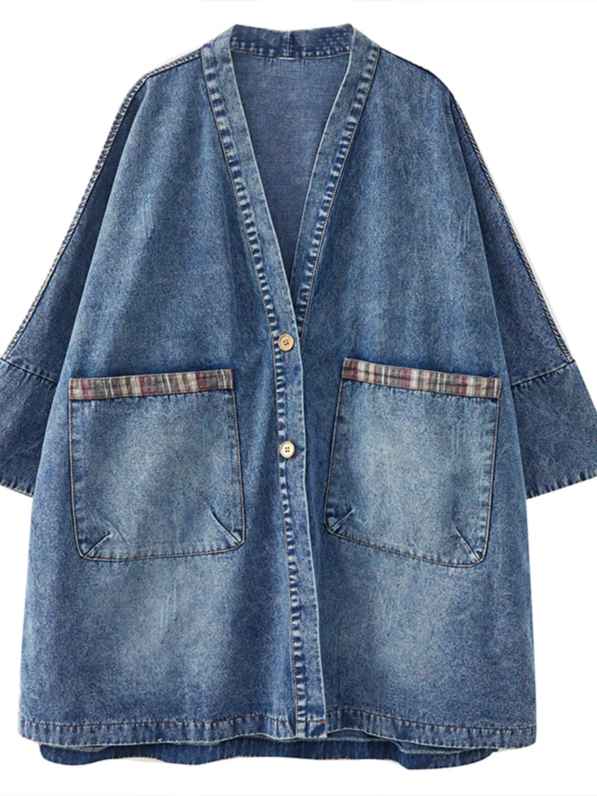 Damska kurtka jeansowa w stylu retro patchwork z nadrukiem, duży rozmiar, moda vintage, luźny krój, średniej długości.